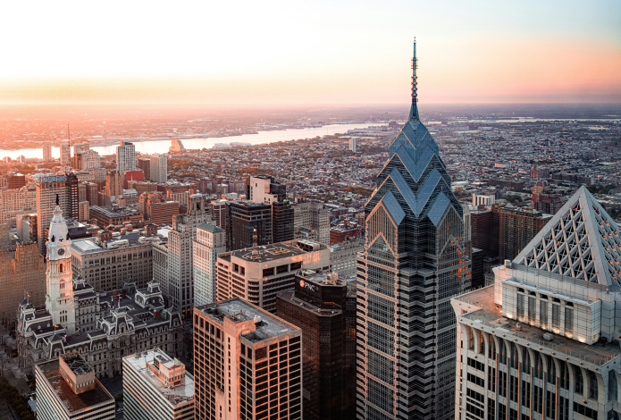 Ariel view of the Philadelphia skyline at sunrise.