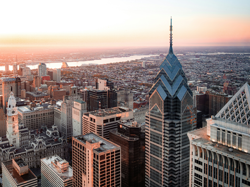 Ariel view of the Philadelphia skyline at sunrise.