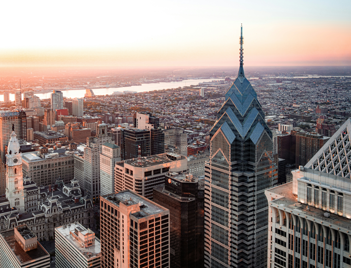 Ariel view of the Philadelphia skyline at sunrise.